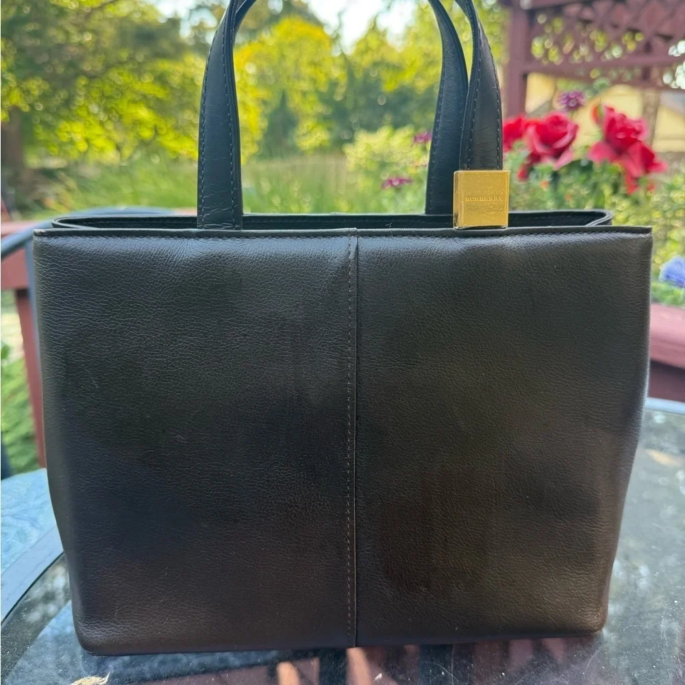 Burberry Brown Leather Tote Bag with Burberry Scarf and perfume.